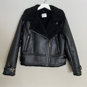 Jason Wu Women's Black Faux Leather Moto Jacket with Sherpa Collar, Size M